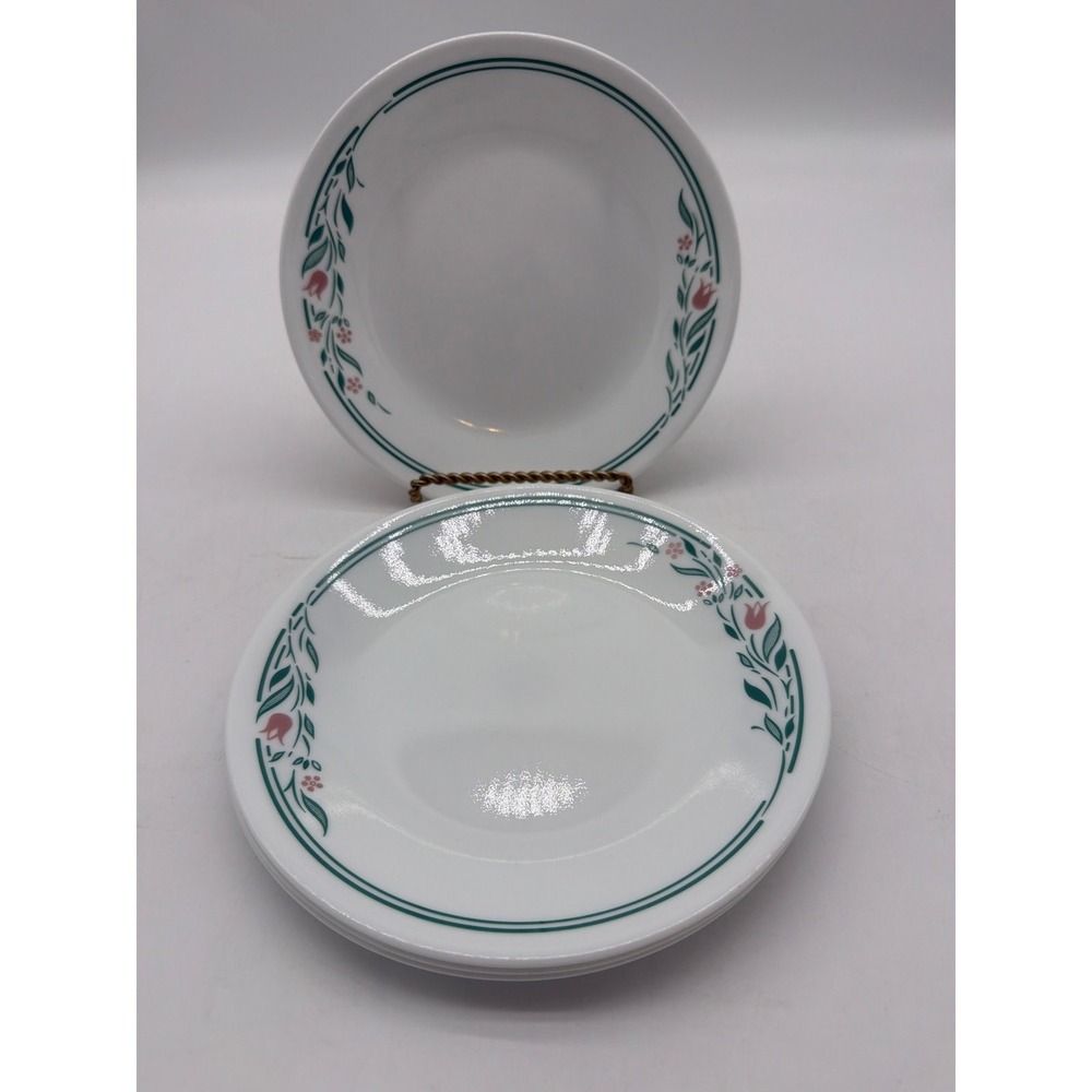 4 Corelle ROSEMARIE Bread Dessert Plates 7" Pink Green Tulip Bands